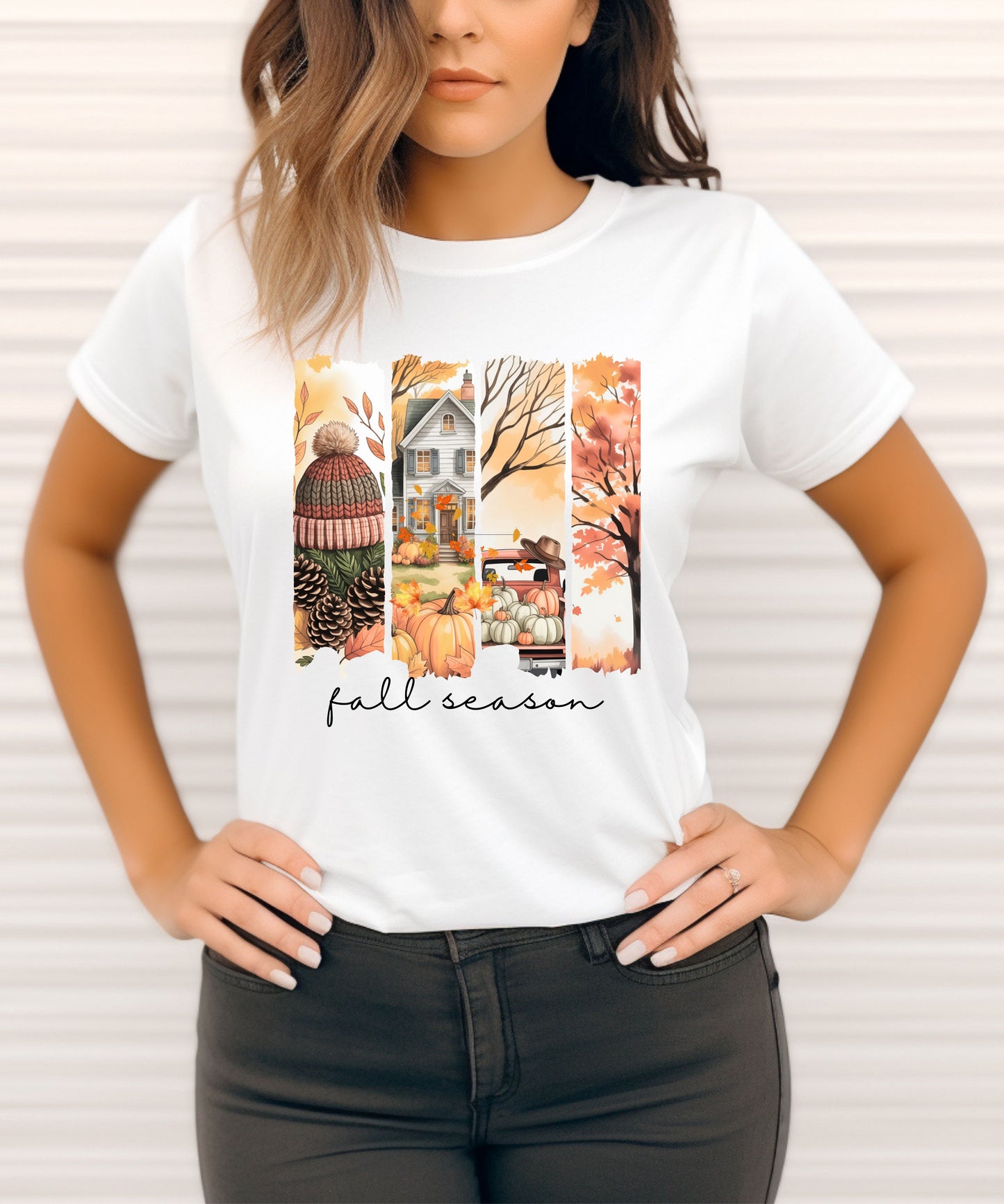 Fall Vibes Striped Scene T-Shirt |Cozy Autumn Pumpkins & Cottage Graphic Tee on Gildan 5000
