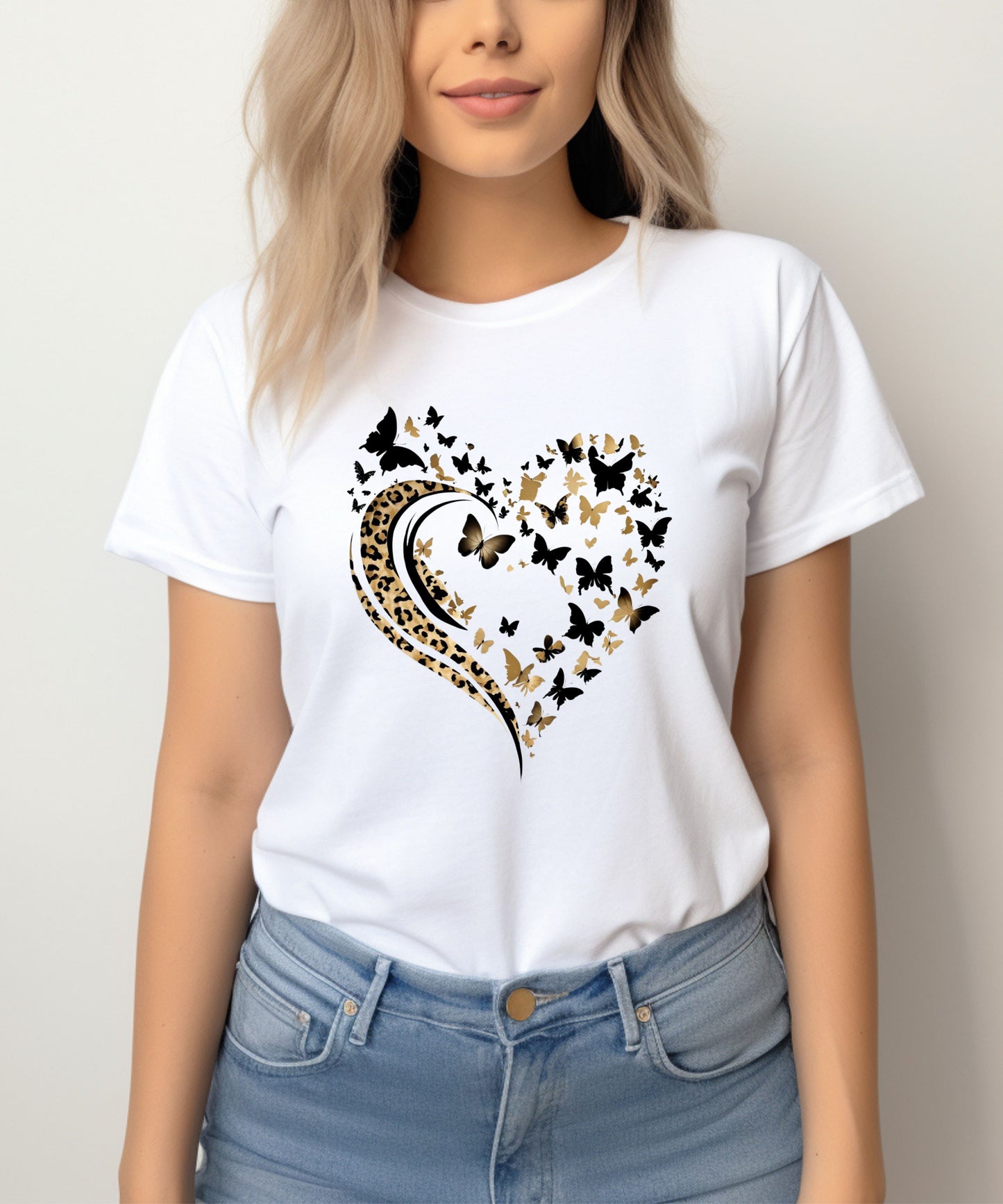 Butterfly & Leopard Print Heart T-Shirt – Pink Graphic Tee on Gildan 5000 | Feminine Animal Print Shirt