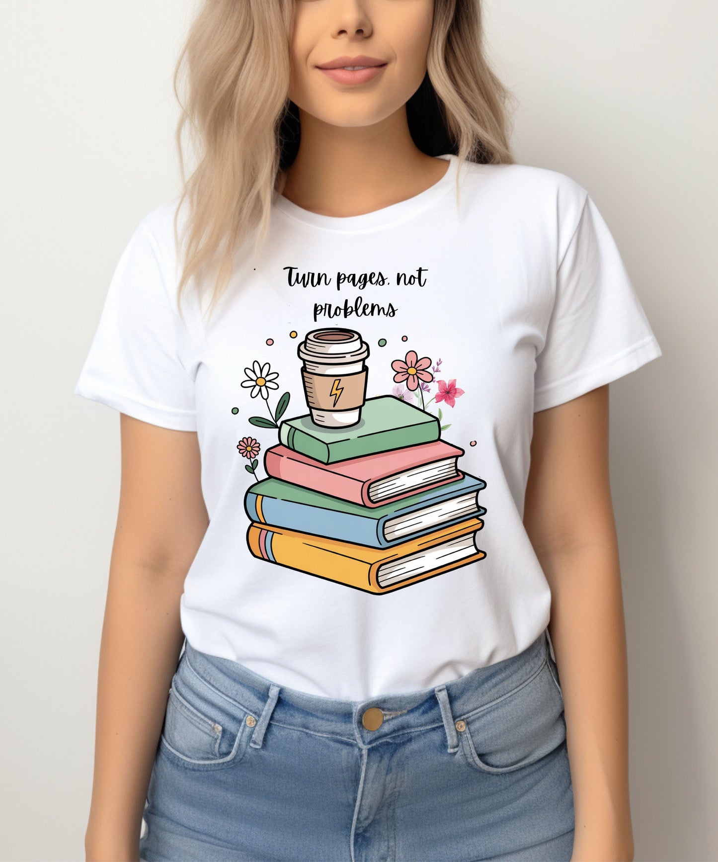 Books, Coffee & Blooms T-Shirt |Floral Stack of Books Graphic Tee| Cozy Reader Aesthetic Shirt