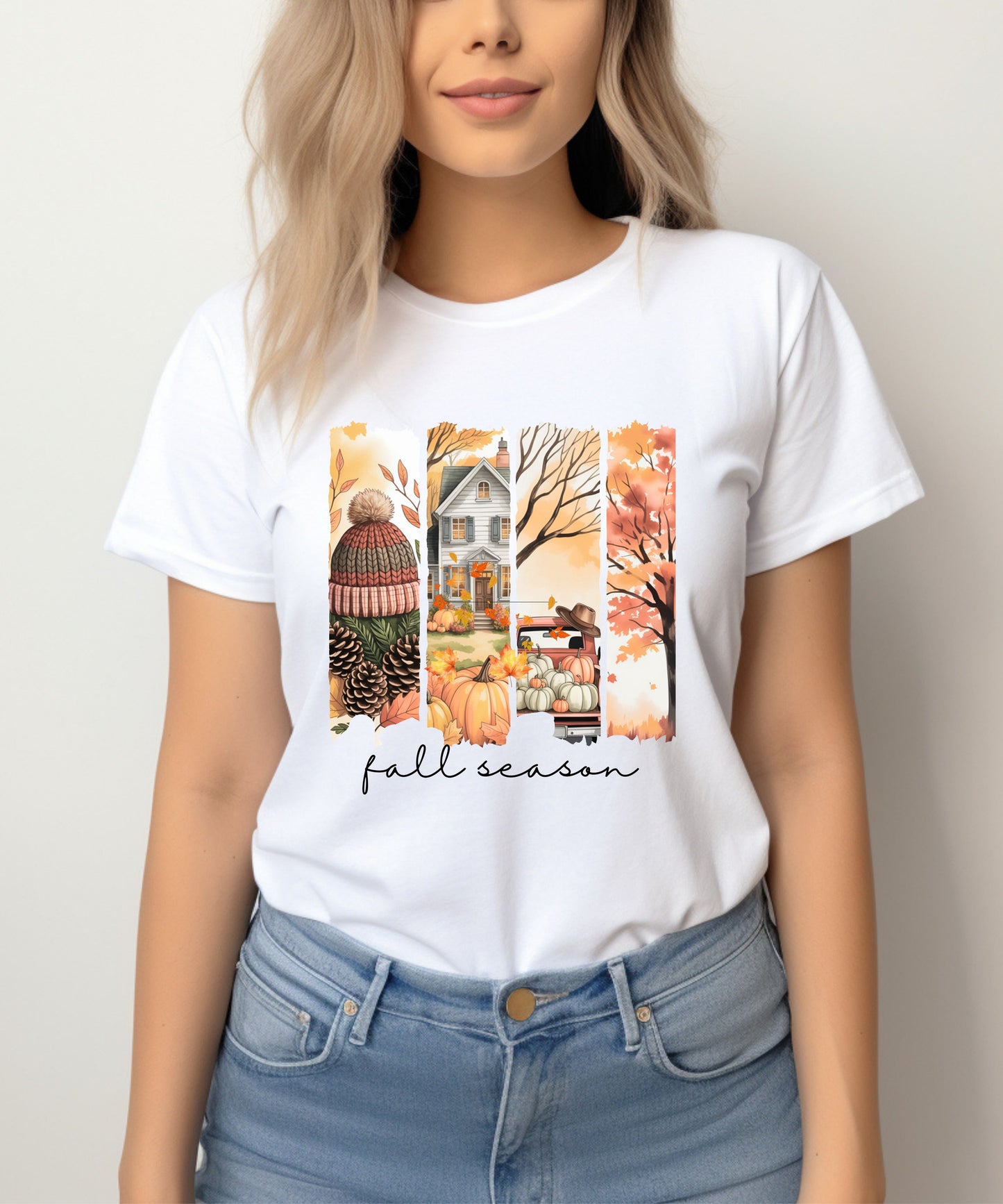 Fall Vibes Striped Scene T-Shirt |Cozy Autumn Pumpkins & Cottage Graphic Tee on Gildan 5000