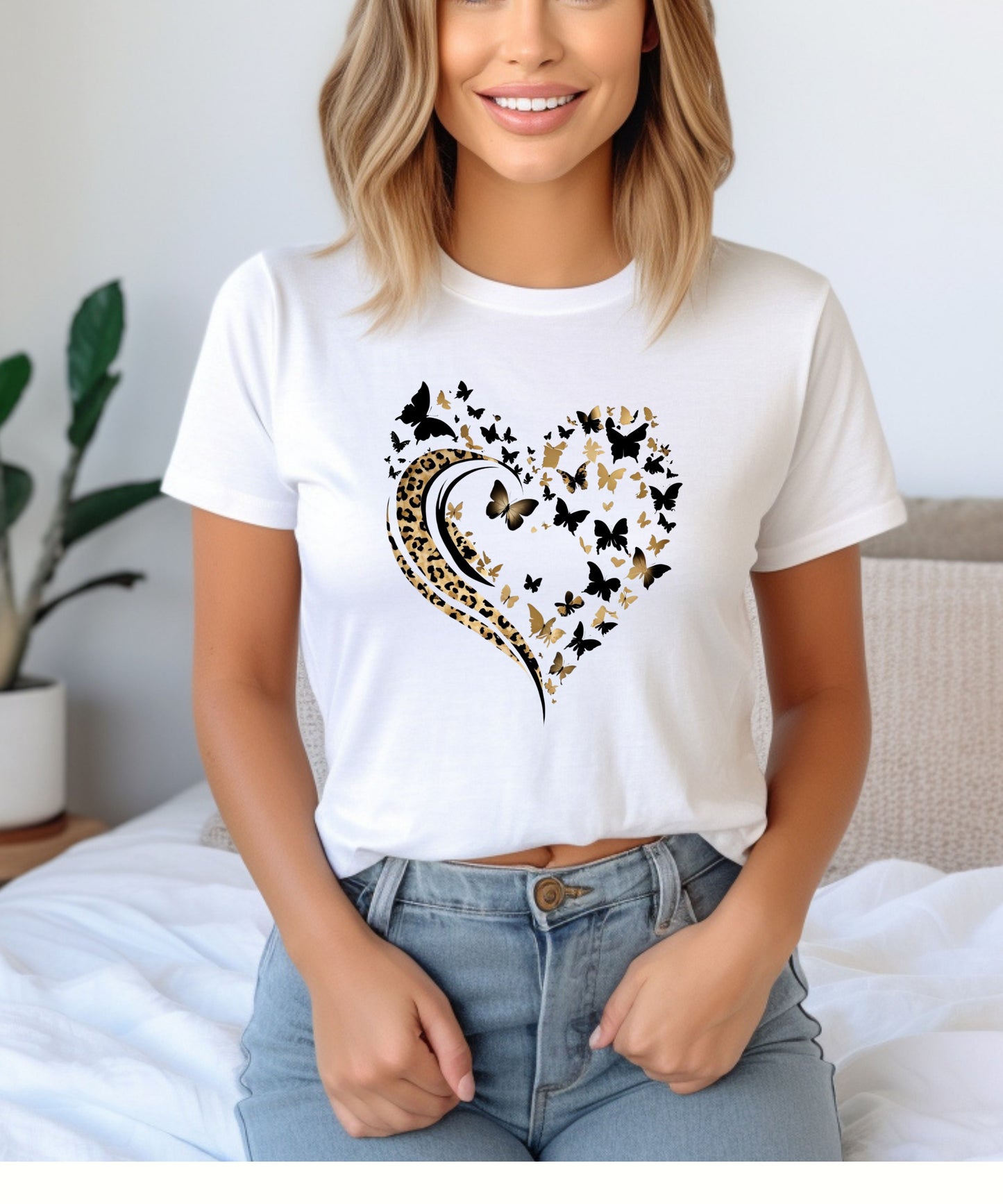 Butterfly & Leopard Print Heart T-Shirt – Pink Graphic Tee on Gildan 5000 | Feminine Animal Print Shirt