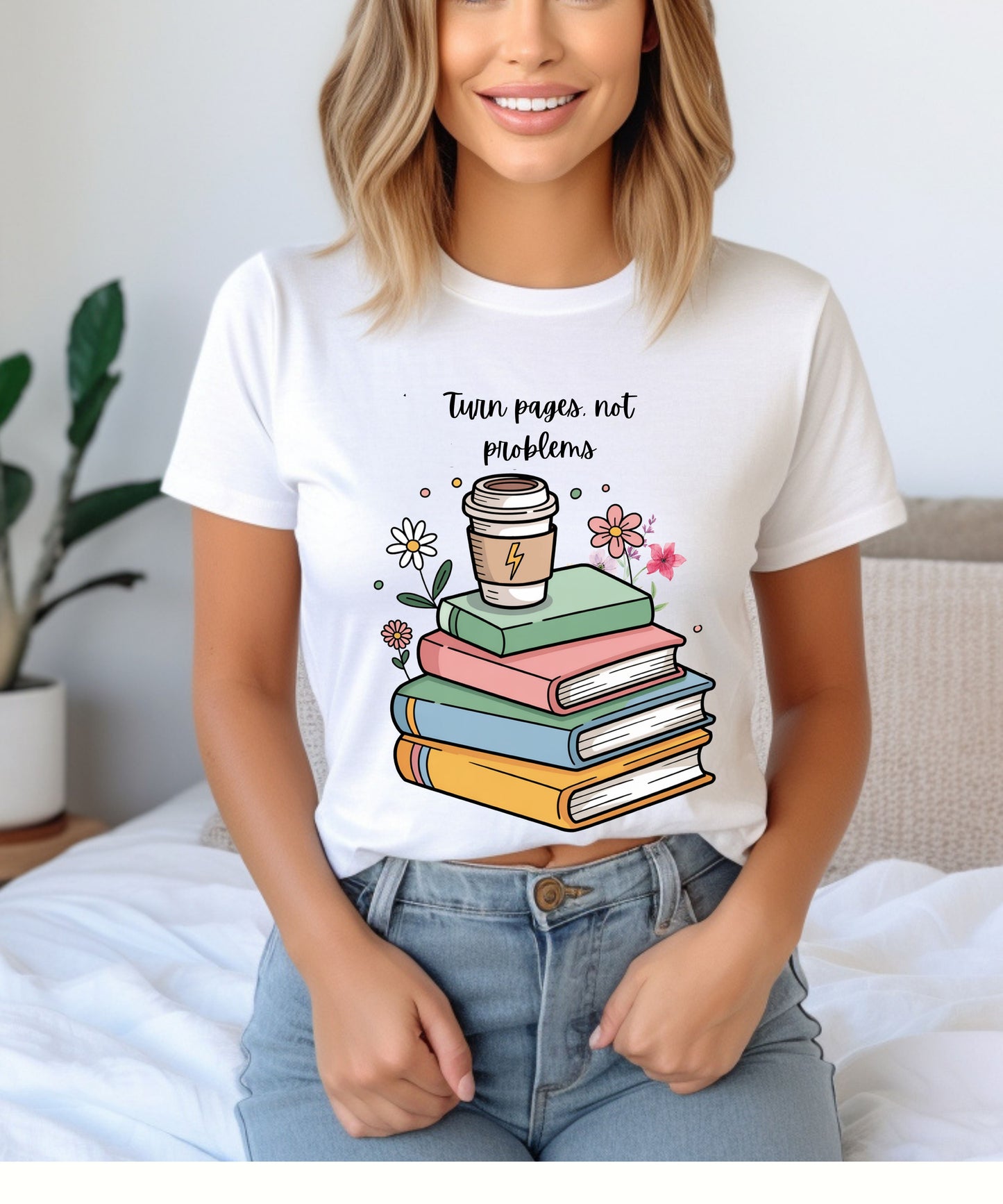 Books, Coffee & Blooms T-Shirt |Floral Stack of Books Graphic Tee| Cozy Reader Aesthetic Shirt
