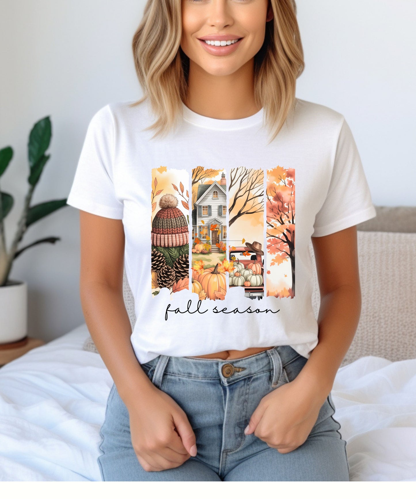 Fall Vibes Striped Scene T-Shirt |Cozy Autumn Pumpkins & Cottage Graphic Tee on Gildan 5000