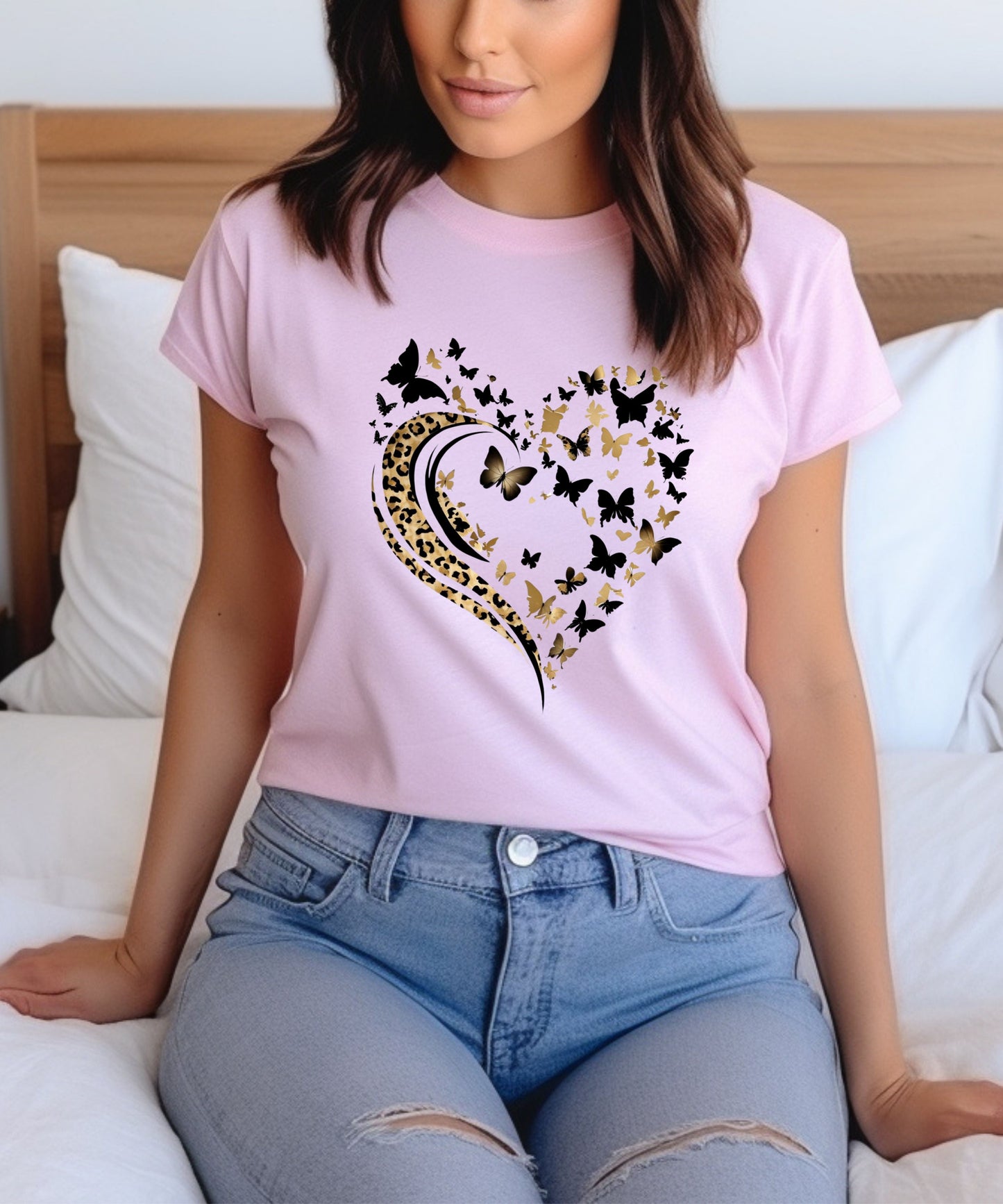 Butterfly & Leopard Print Heart T-Shirt – Pink Graphic Tee on Gildan 5000 | Feminine Animal Print Shirt
