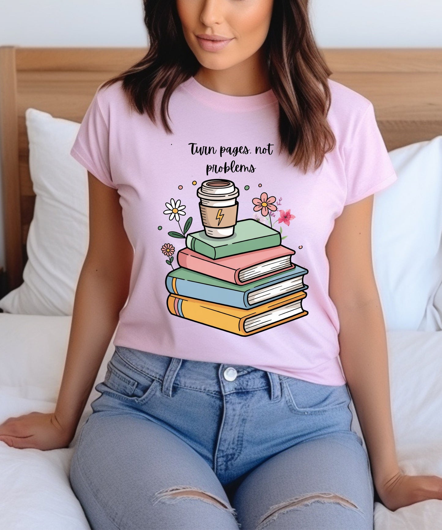 Books, Coffee & Blooms T-Shirt |Floral Stack of Books Graphic Tee| Cozy Reader Aesthetic Shirt