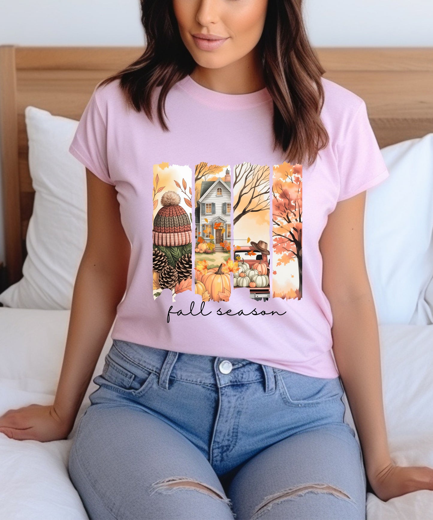Fall Vibes Striped Scene T-Shirt |Cozy Autumn Pumpkins & Cottage Graphic Tee on Gildan 5000