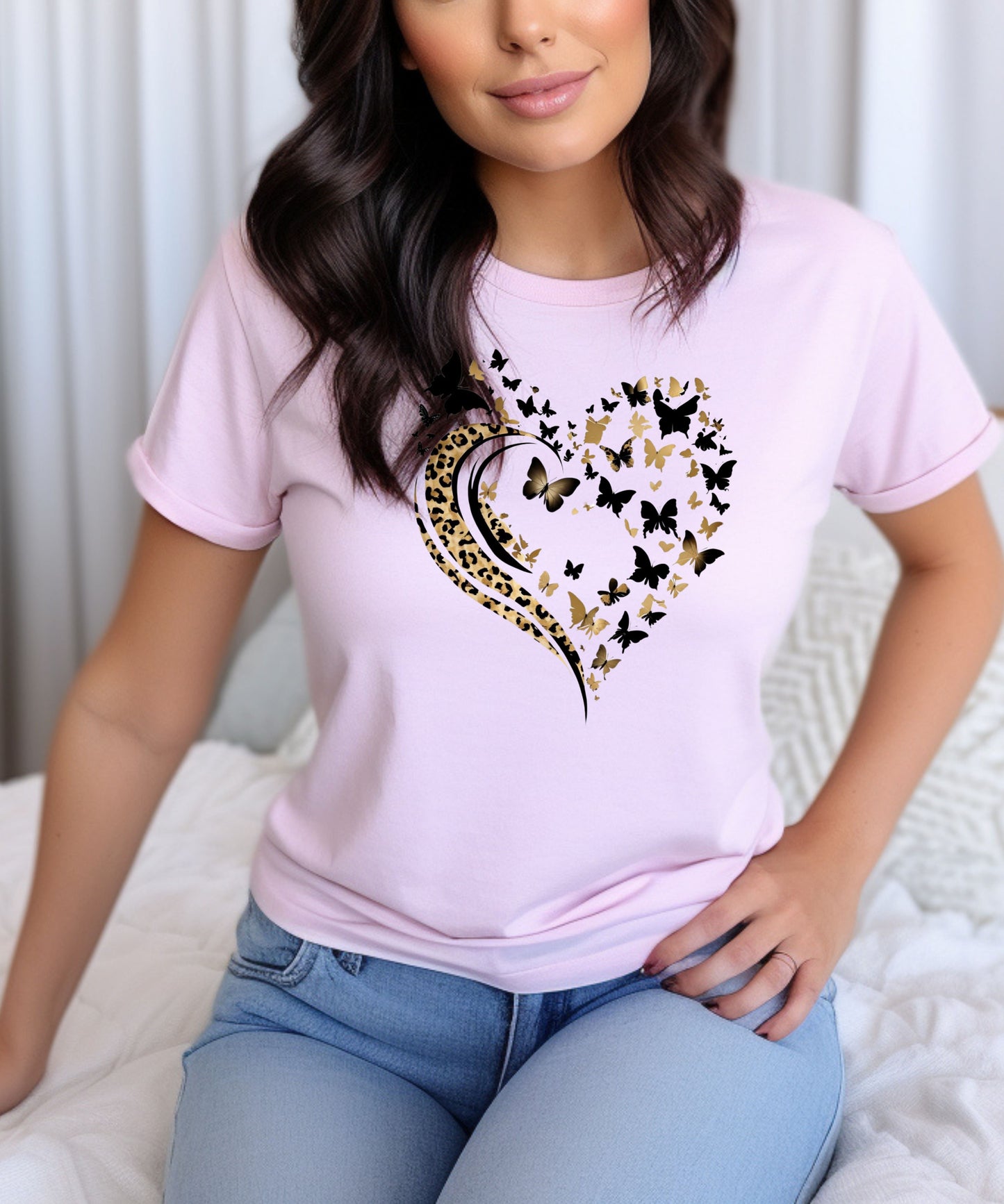Butterfly & Leopard Print Heart T-Shirt – Pink Graphic Tee on Gildan 5000 | Feminine Animal Print Shirt