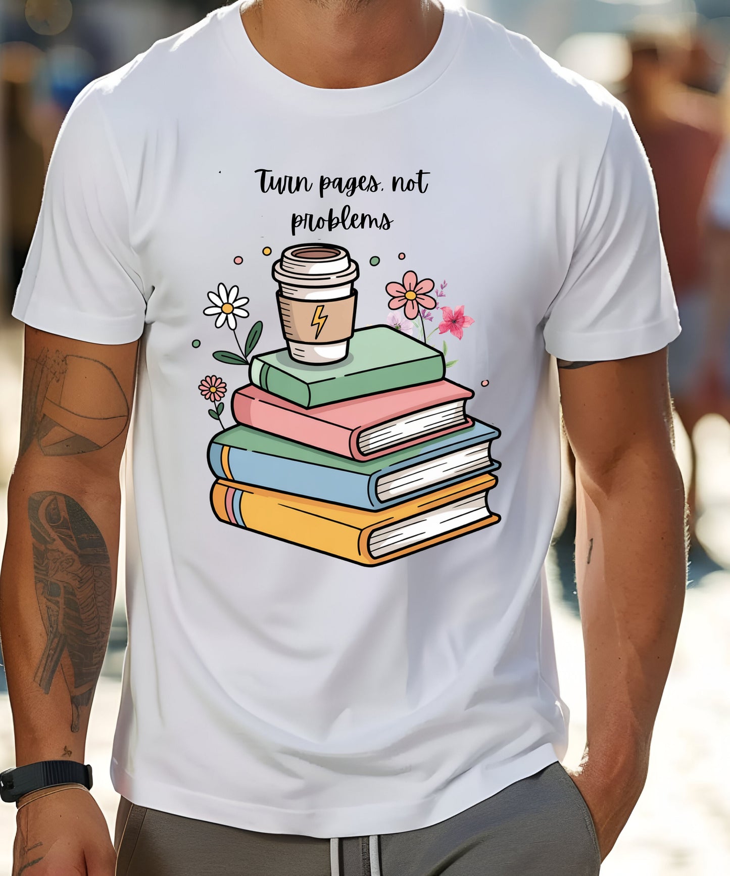 Books, Coffee & Blooms T-Shirt |Floral Stack of Books Graphic Tee| Cozy Reader Aesthetic Shirt