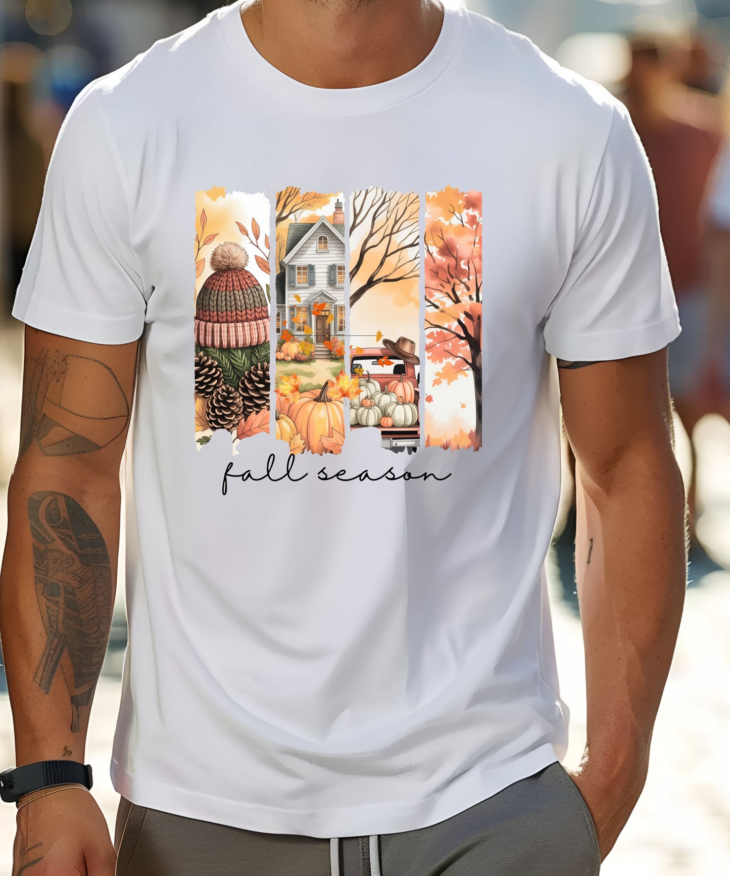 Fall Vibes Striped Scene T-Shirt |Cozy Autumn Pumpkins & Cottage Graphic Tee on Gildan 5000