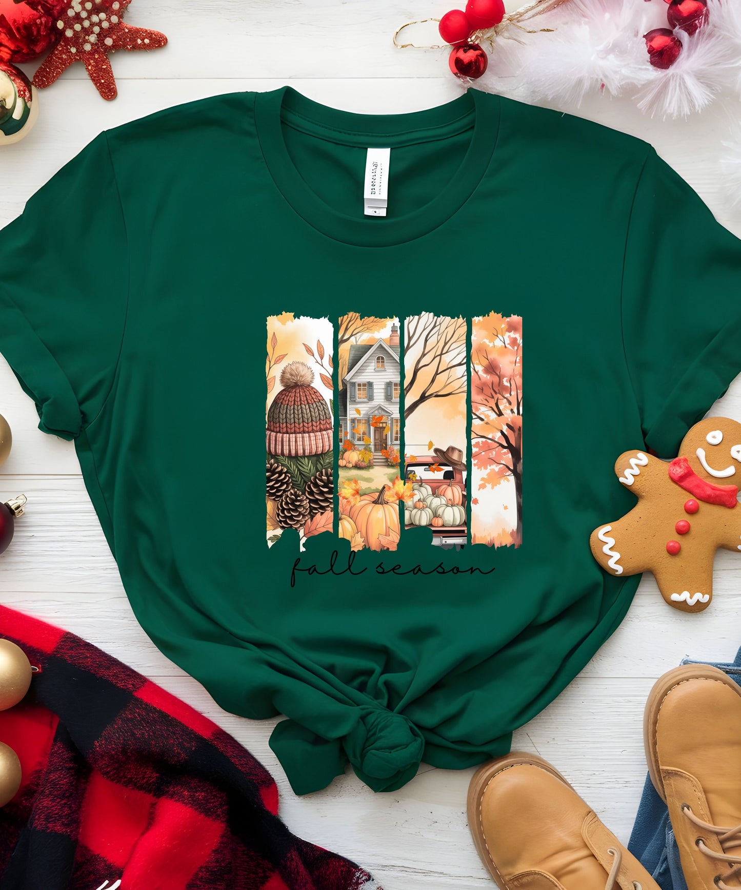 Fall Vibes Striped Scene T-Shirt |Cozy Autumn Pumpkins & Cottage Graphic Tee on Gildan 5000