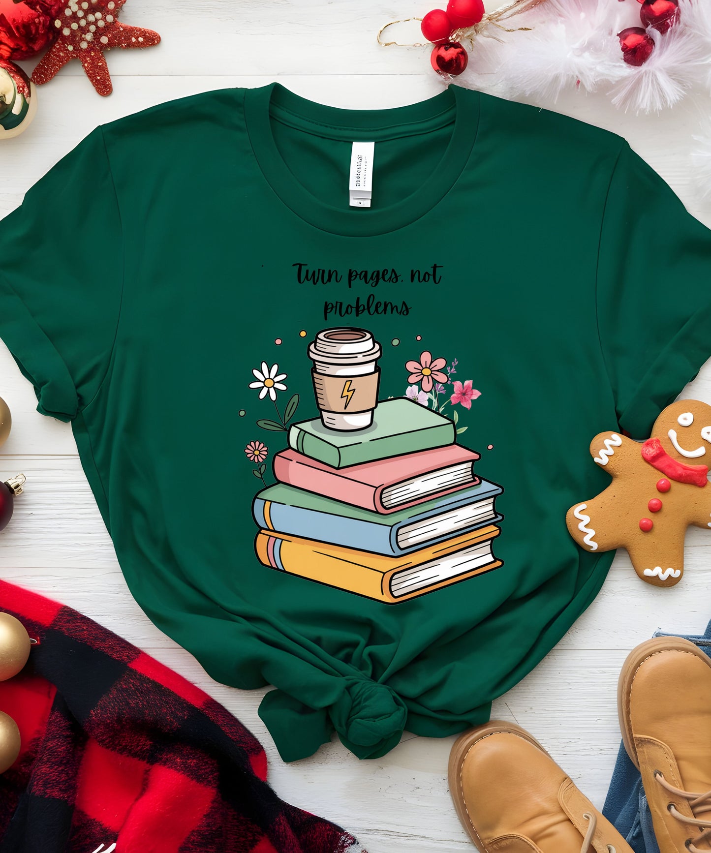 Books, Coffee & Blooms T-Shirt |Floral Stack of Books Graphic Tee| Cozy Reader Aesthetic Shirt