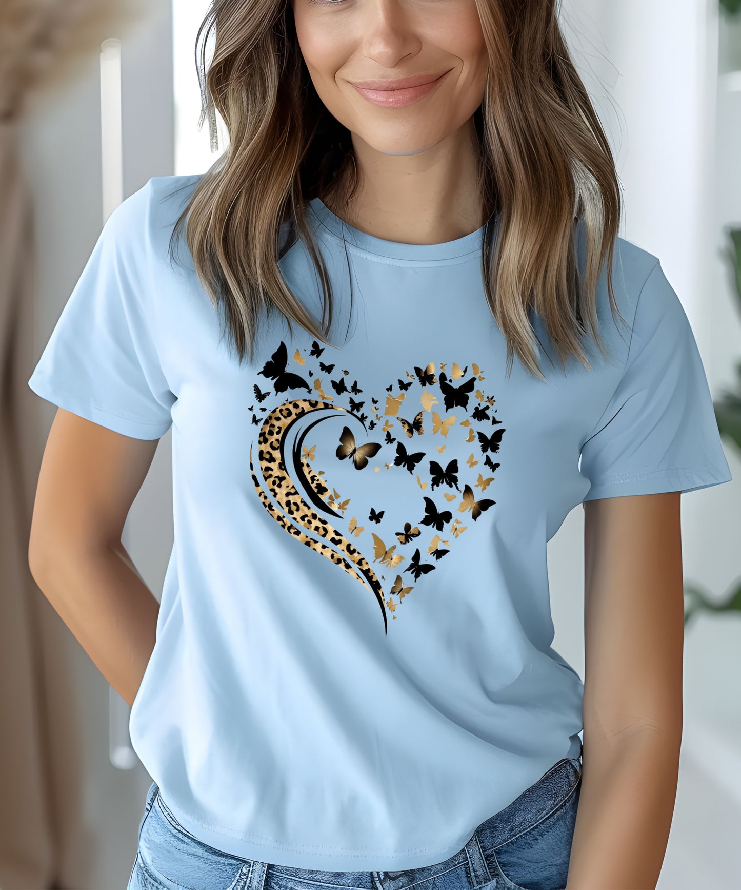 Butterfly & Leopard Print Heart T-Shirt – Pink Graphic Tee on Gildan 5000 | Feminine Animal Print Shirt