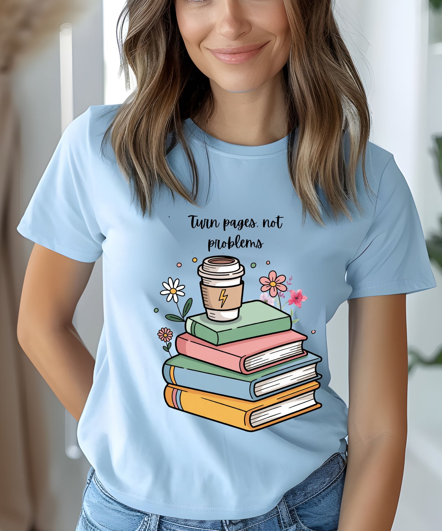 Books, Coffee & Blooms T-Shirt |Floral Stack of Books Graphic Tee| Cozy Reader Aesthetic Shirt