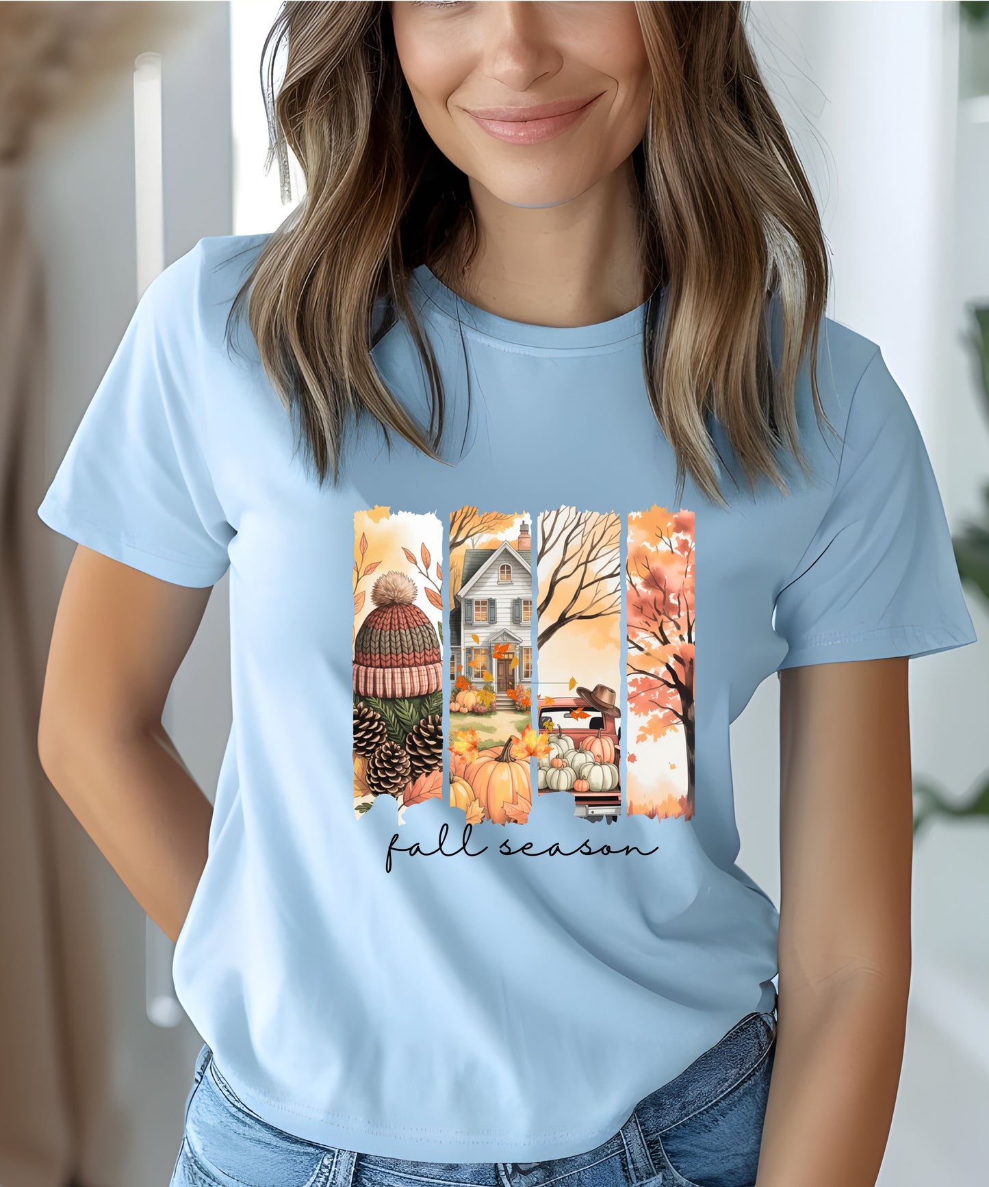 Fall Vibes Striped Scene T-Shirt |Cozy Autumn Pumpkins & Cottage Graphic Tee on Gildan 5000