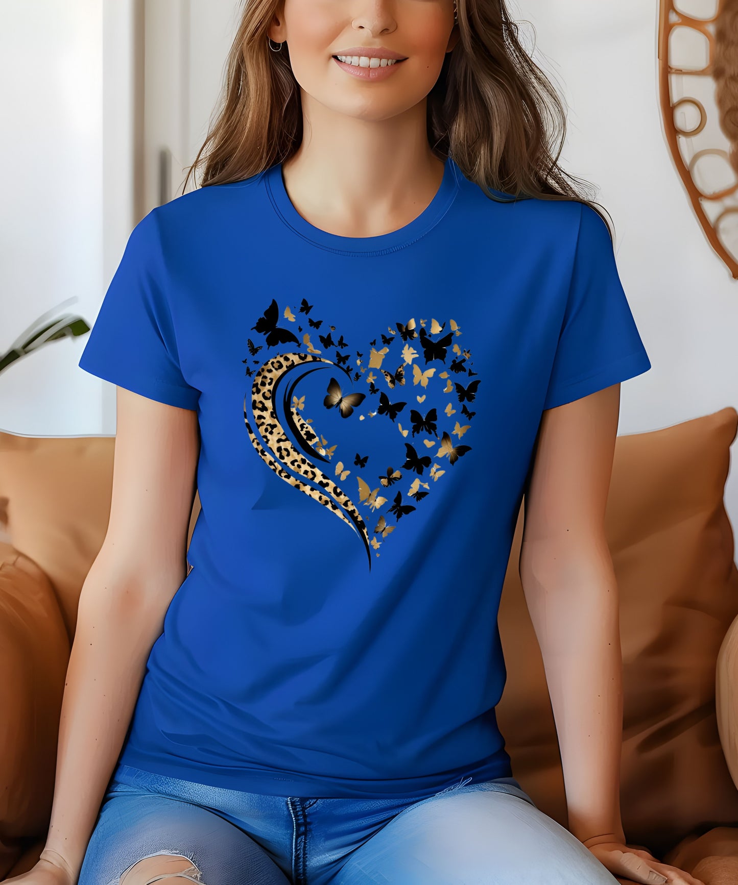Butterfly & Leopard Print Heart T-Shirt – Pink Graphic Tee on Gildan 5000 | Feminine Animal Print Shirt