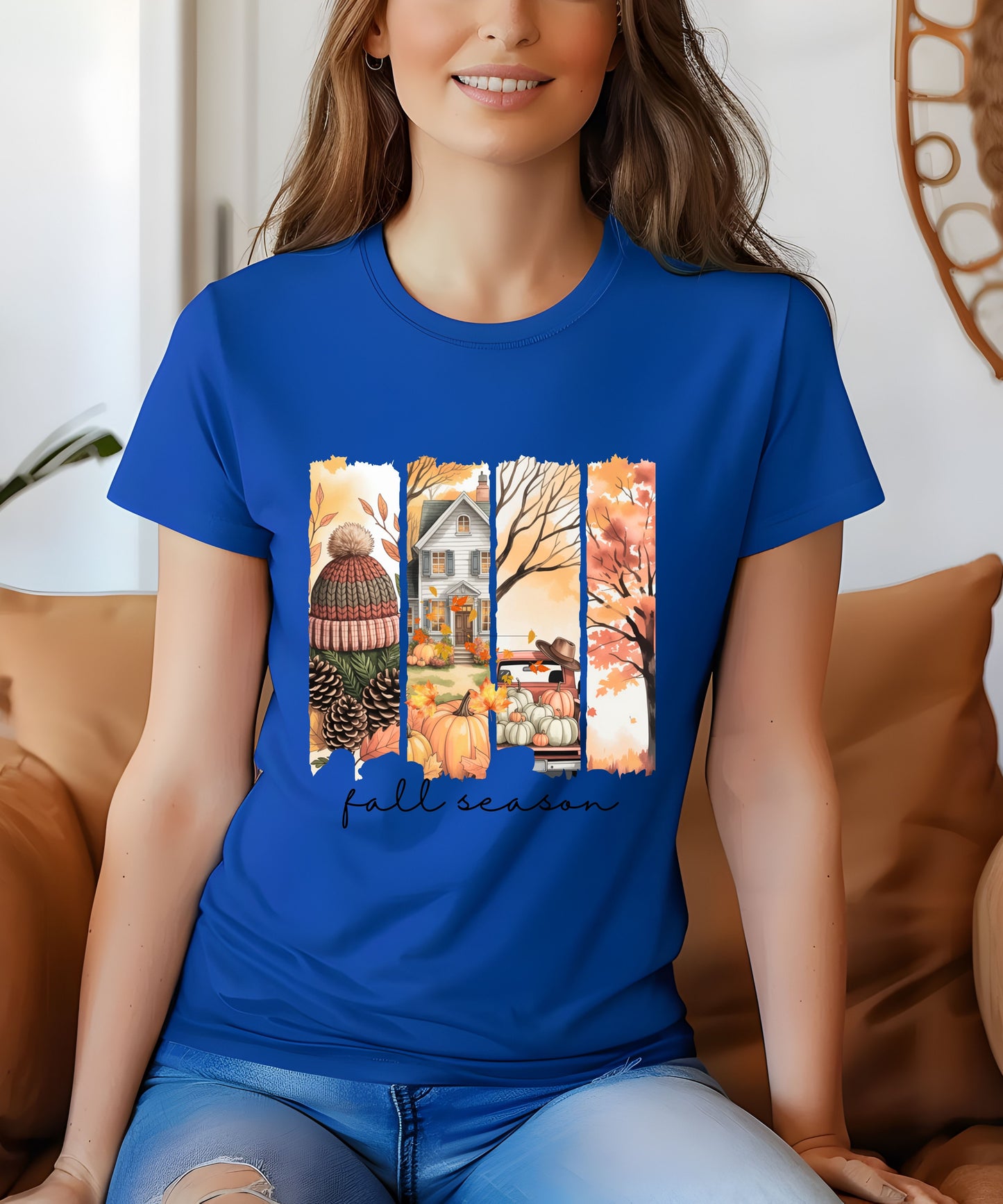 Fall Vibes Striped Scene T-Shirt |Cozy Autumn Pumpkins & Cottage Graphic Tee on Gildan 5000