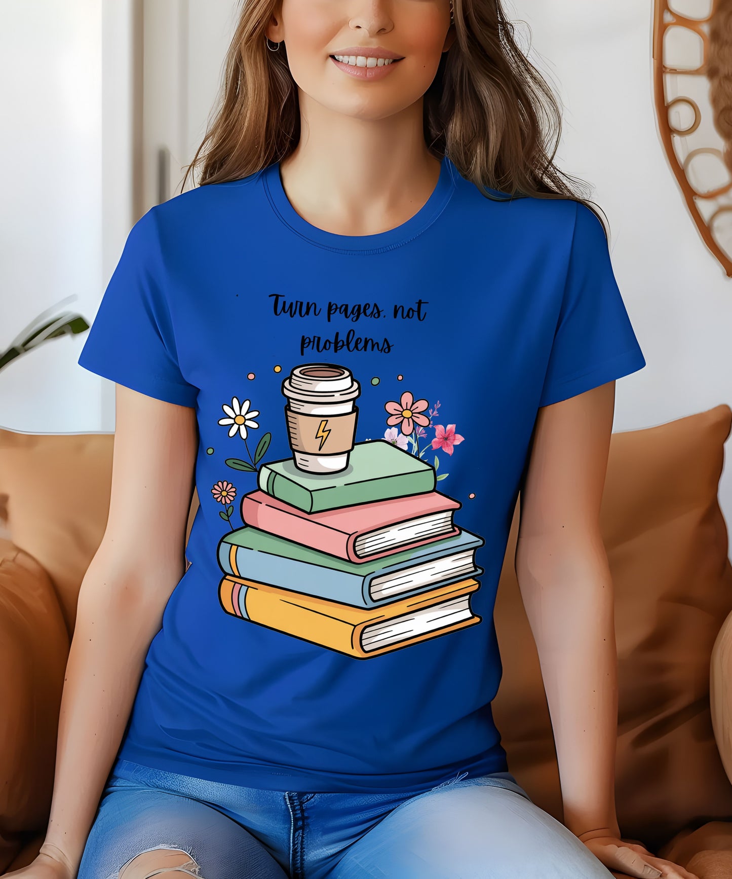 Books, Coffee & Blooms T-Shirt |Floral Stack of Books Graphic Tee| Cozy Reader Aesthetic Shirt