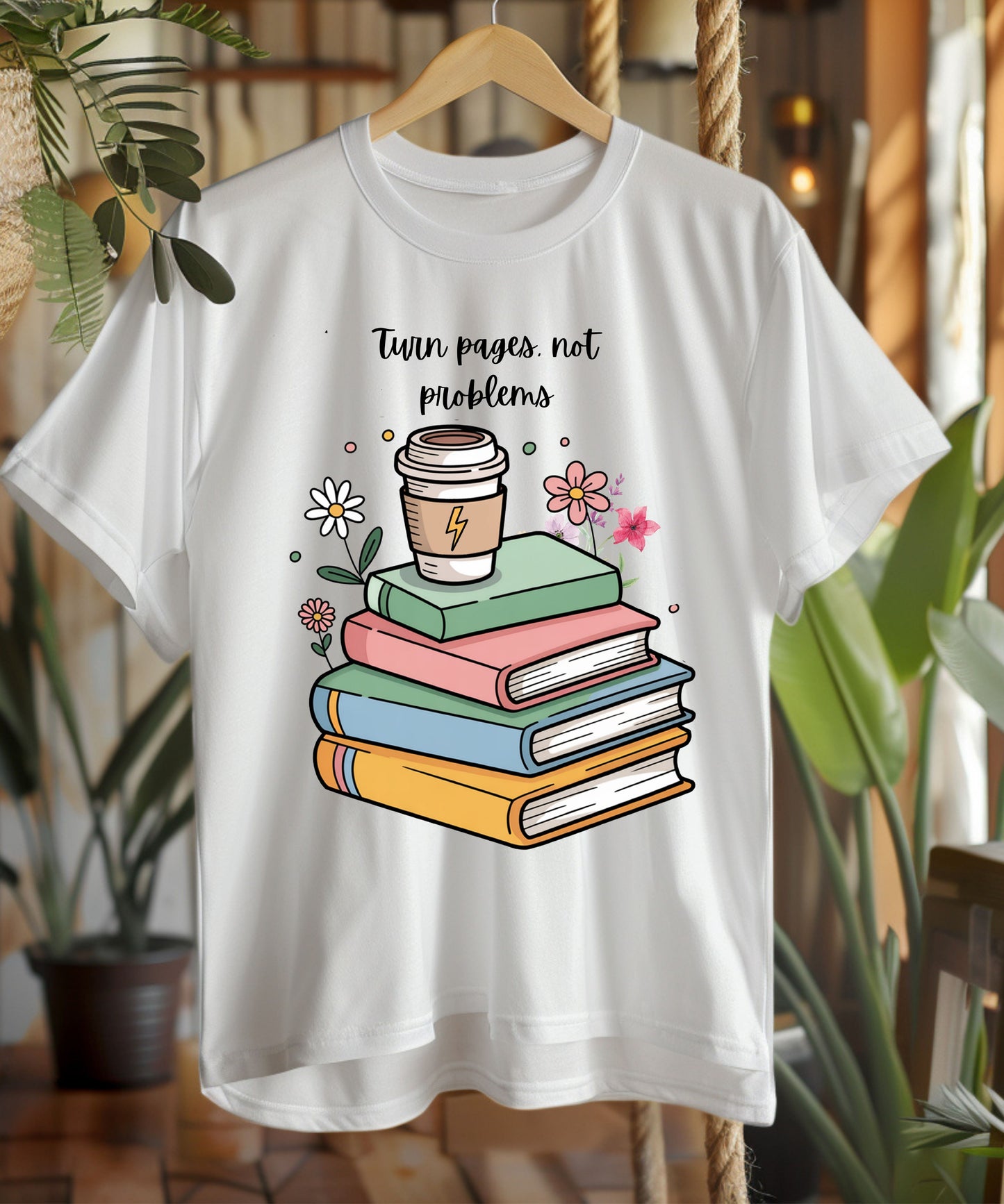 Books, Coffee & Blooms T-Shirt |Floral Stack of Books Graphic Tee| Cozy Reader Aesthetic Shirt