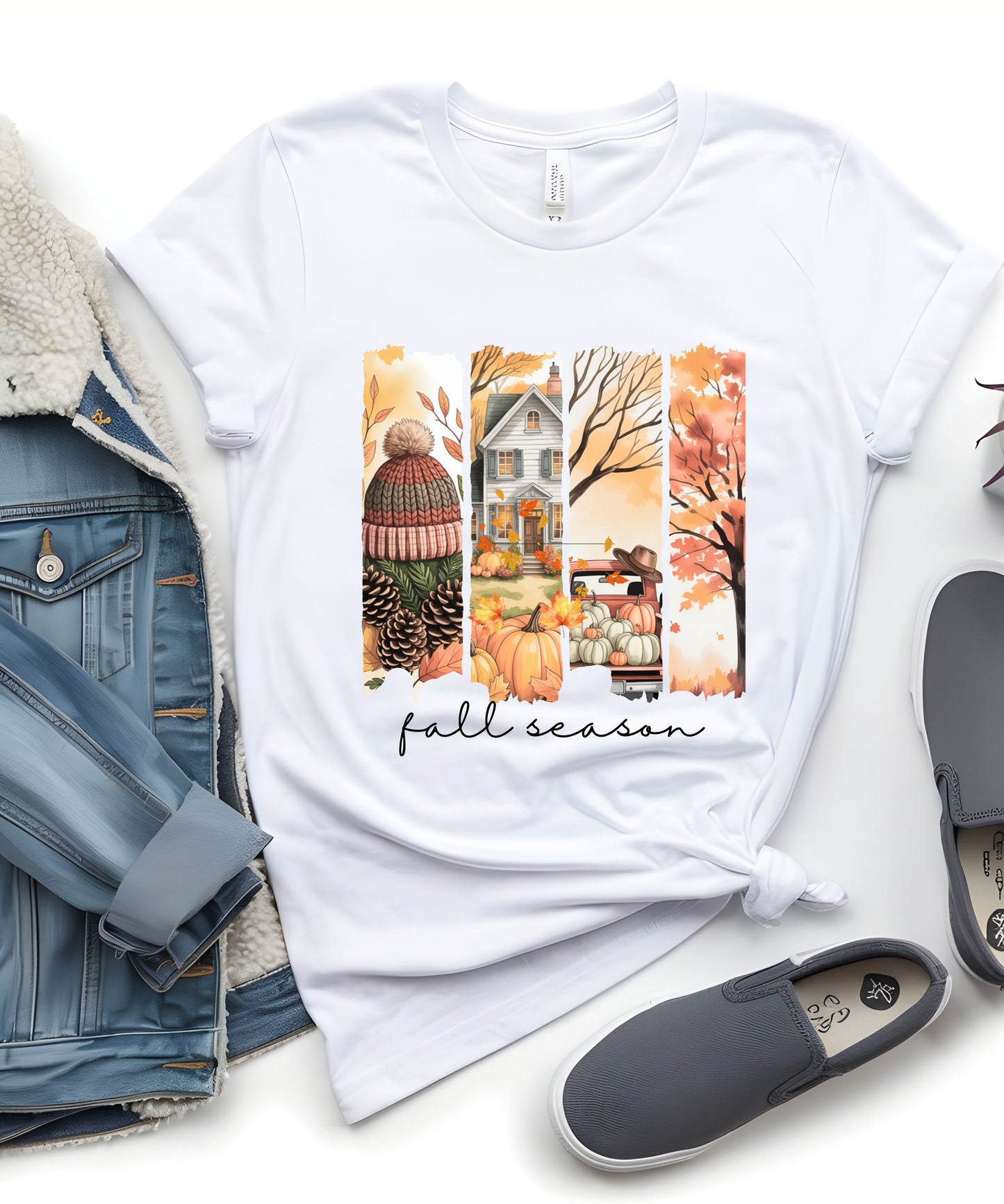 Fall Vibes Striped Scene T-Shirt |Cozy Autumn Pumpkins & Cottage Graphic Tee on Gildan 5000