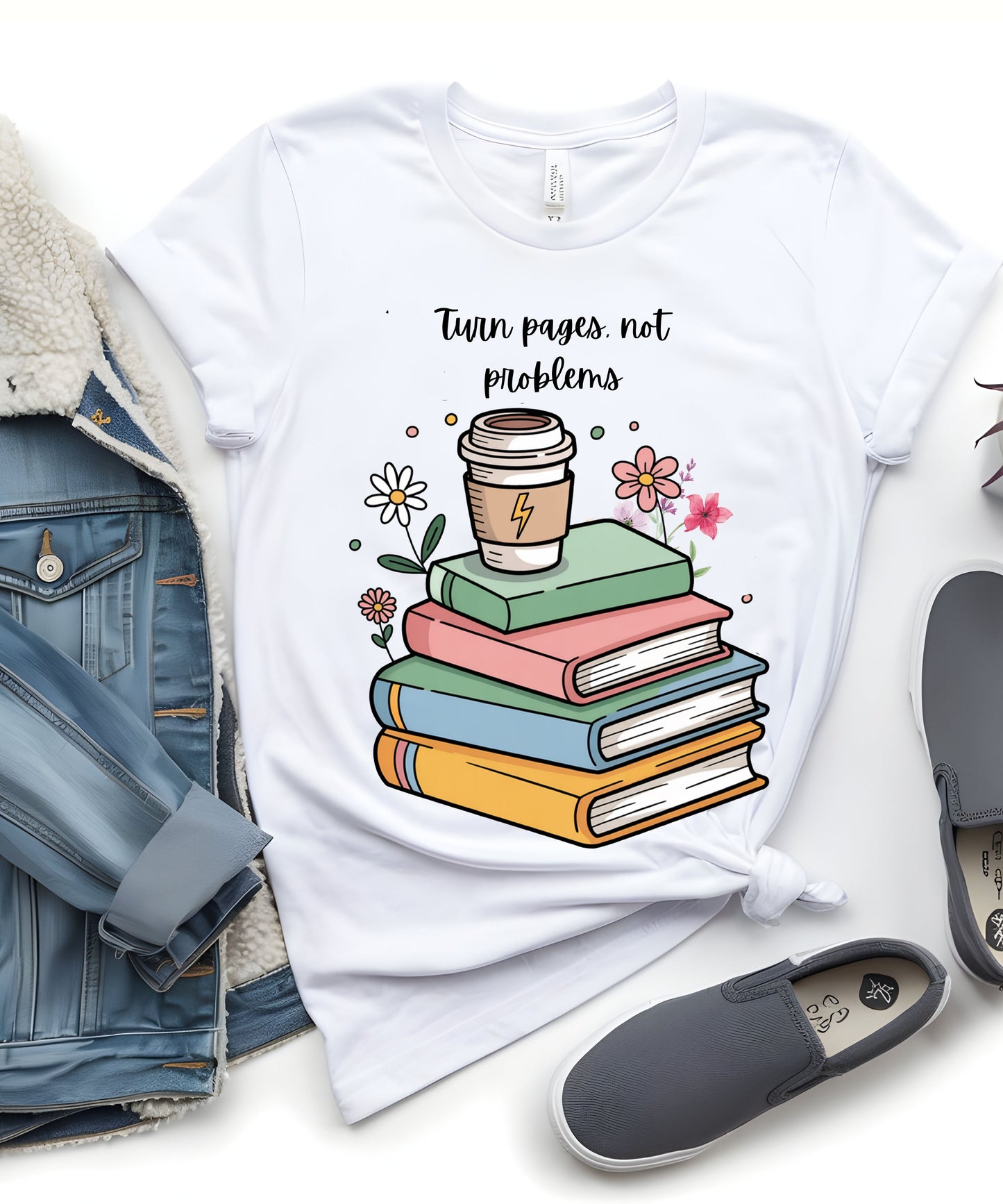 Books, Coffee & Blooms T-Shirt |Floral Stack of Books Graphic Tee| Cozy Reader Aesthetic Shirt