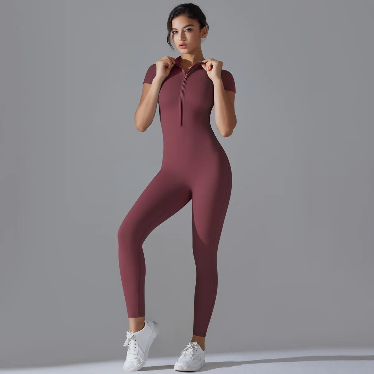 Zipper Fitness Jumpsuit Outfit | Breathable, Quick-Dry Nylon, Sleeveless, Regular Fit for Yoga & Workouts