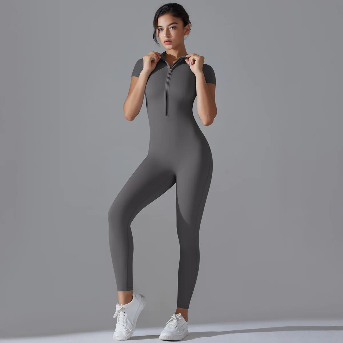 Zipper Fitness Jumpsuit Outfit | Breathable, Quick-Dry Nylon, Sleeveless, Regular Fit for Yoga & Workouts