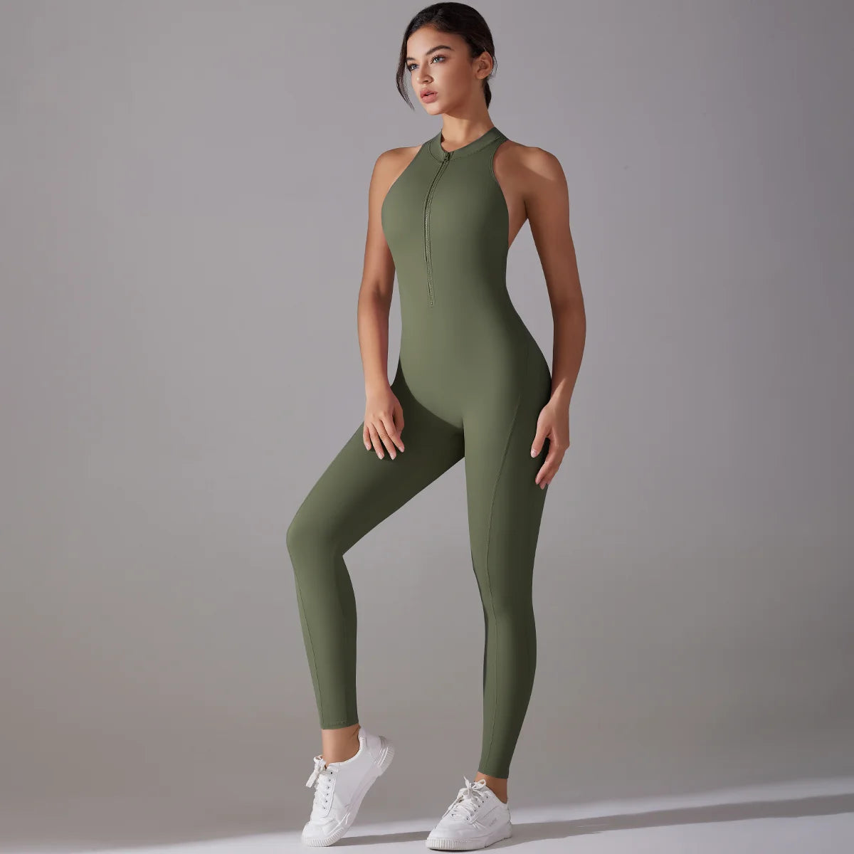 Backless Scrunch Fitness Jumpsuit | High-Stretch Nylon, Zipper Closure, Hollow Out Design, All-Season Comfort