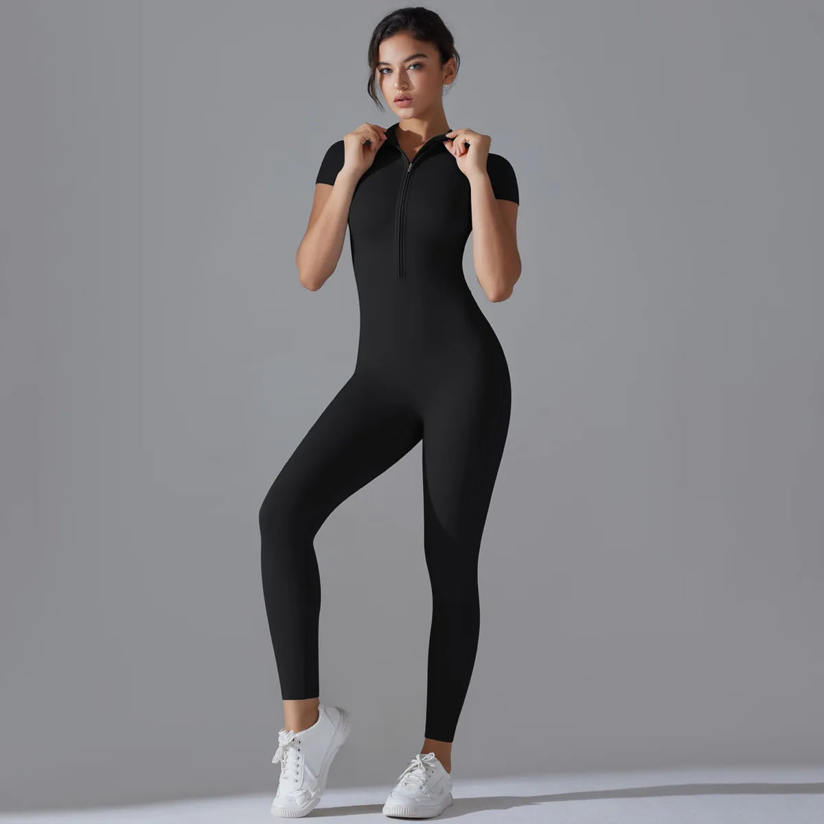 Zipper Fitness Jumpsuit Outfit | Breathable, Quick-Dry Nylon, Sleeveless, Regular Fit for Yoga & Workouts