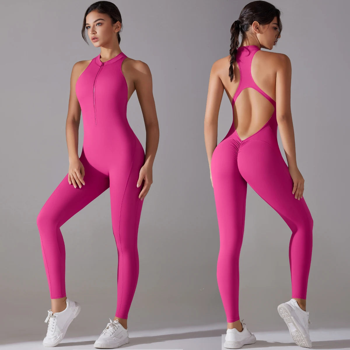 Backless Scrunch Fitness Jumpsuit | High-Stretch Nylon, Zipper Closure, Hollow Out Design, All-Season Comfort