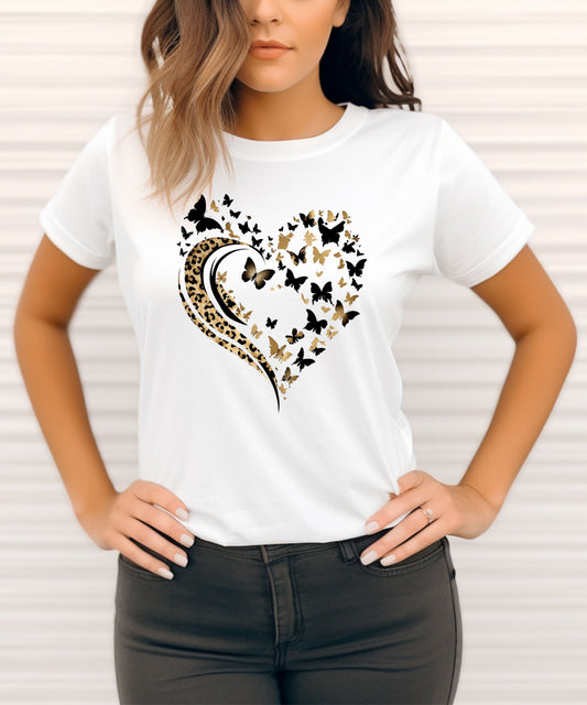 Butterfly & Leopard Print Heart T-Shirt – Pink Graphic Tee on Gildan 5000 | Feminine Animal Print Shirt
