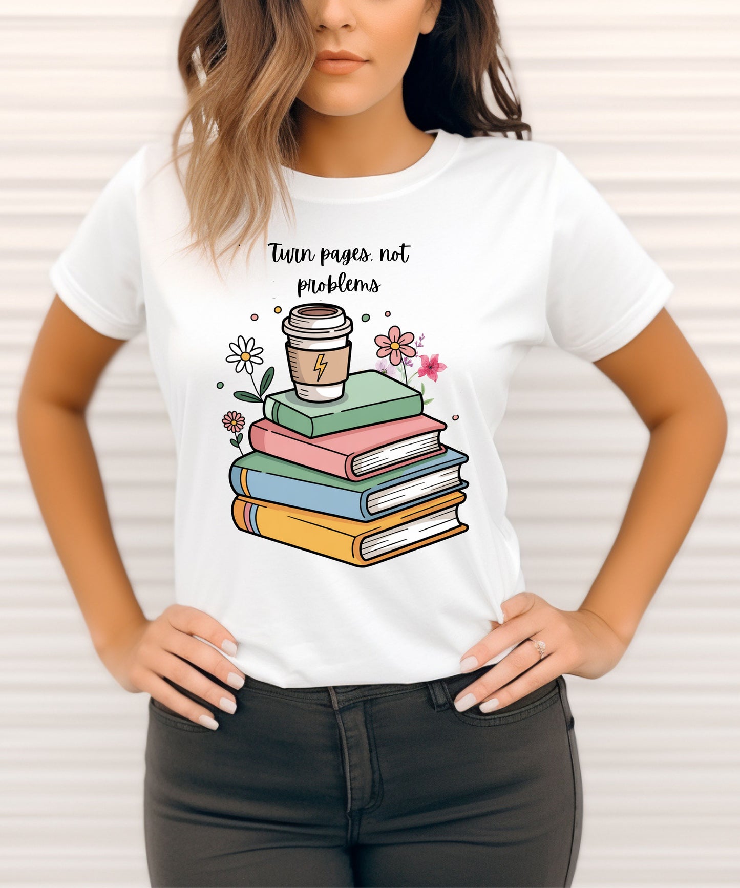 Books, Coffee & Blooms T-Shirt |Floral Stack of Books Graphic Tee| Cozy Reader Aesthetic Shirt