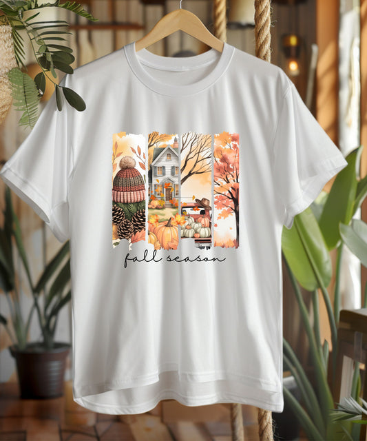 Fall Vibes Striped Scene T-Shirt |Cozy Autumn Pumpkins & Cottage Graphic Tee on Gildan 5000