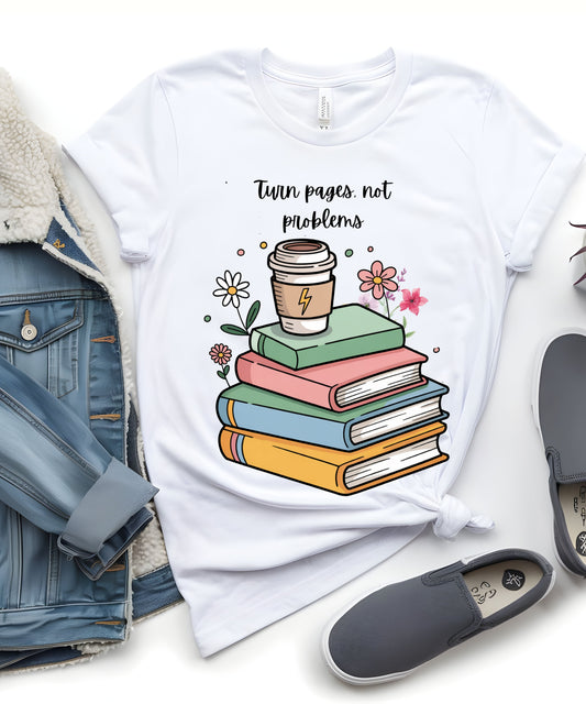 Books, Coffee & Blooms T-Shirt |Floral Stack of Books Graphic Tee| Cozy Reader Aesthetic Shirt