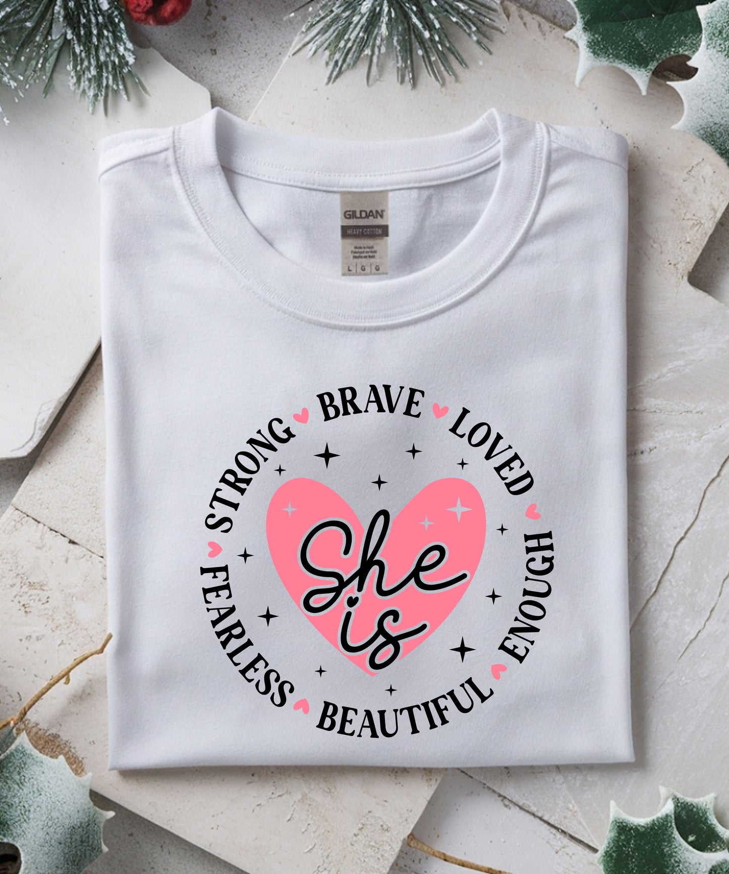 2-Pack Women’s T-Shirt Bundle | Merry Christmas & “Brave Strong Loved Enough Fearless Beautiful” Empowerment Tees