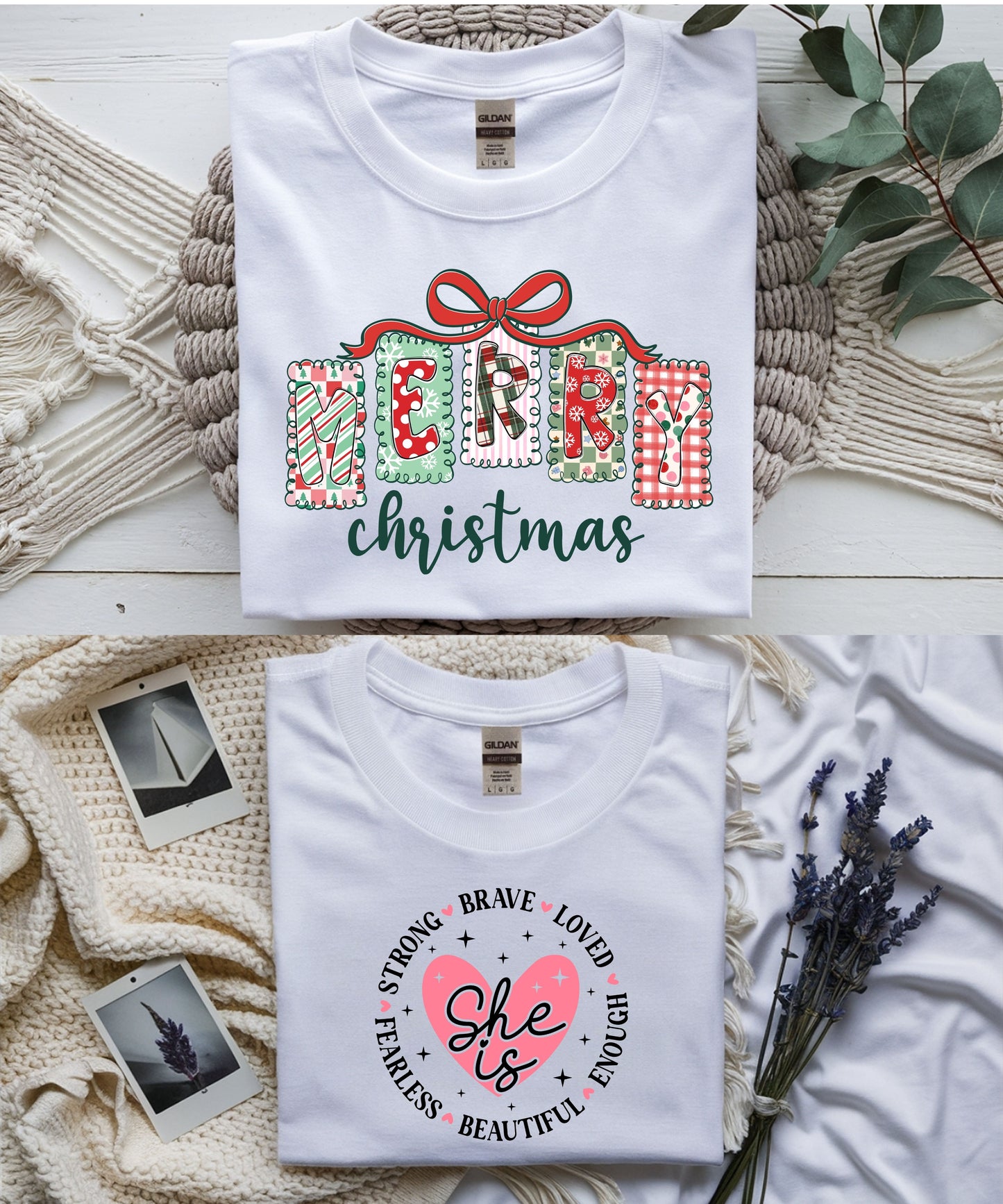 2-Pack Women’s T-Shirt Bundle | Merry Christmas & “Brave Strong Loved Enough Fearless Beautiful” Empowerment Tees